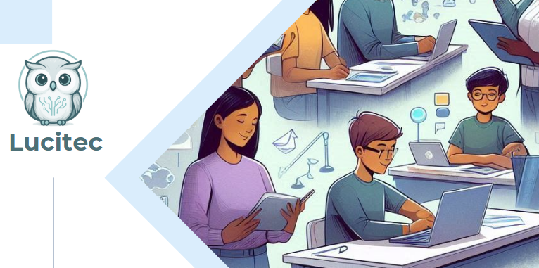 Estudantes estudando informática em uma sala de aula com notebooks e livros.